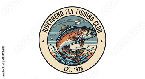 Circular logo featuring a leaping fish, water, and text, representing a fishing club.