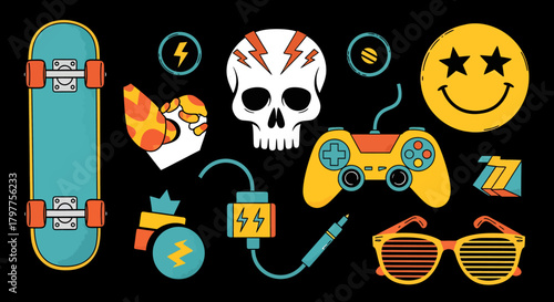 Skateboard, skull, controller, and other icons on a black background.