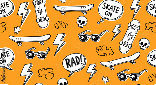 A vibrant and energetic doodle pattern featuring skateboards, lightning bolts, sunglasses, and skulls on an orange background.