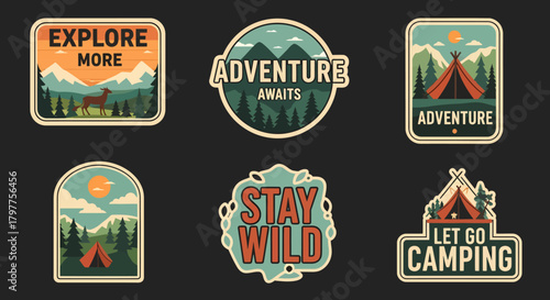 Six vintage outdoor adventure and camping badges with mountains, forests, tents, and inspirational text on a dark background.