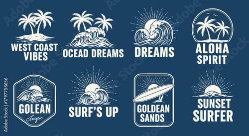 A collection of vintage surf and beach-themed logos featuring palm trees, ocean waves, sun, and surfboards with various text phrases.