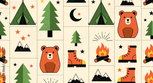 A repeating pattern featuring camping elements, including tents, bears, trees, and mountains.