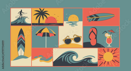 A retro-style collage of summer beach elements including surfing, sunsets, and tropical vibes.