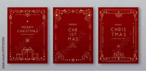 Set of modern Christmas frames or holiday greeting cards on red background. Line art vector illustration