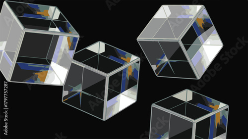 3D cube collage of photos on white background with colorful blocks and paper icons