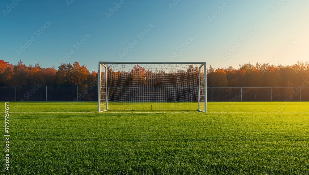 Fototapeta premium Soccer goal positioned in a deserted field during autumn, suitable for editorial header background