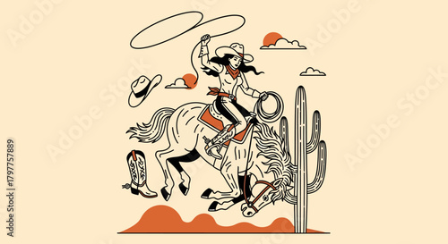 Dynamic illustration of a cowgirl riding a bucking bronco while swinging a lasso in the desert.