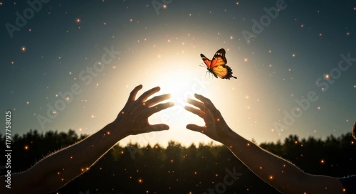 Hands reaching for a butterfly at sunset, with golden sparkles
