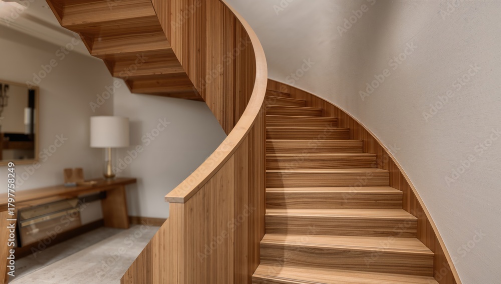 Obraz premium Staircase within a duplex residence, showcasing wooden elements and architectural design, emphasizing home construction