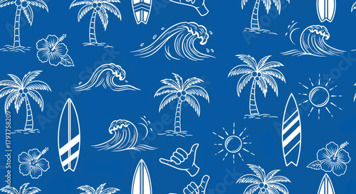Blue background with white illustrations of palm trees, surfboards, waves, hibiscus flowers, and the sun.