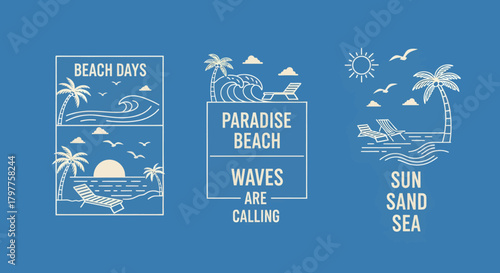 Three beach themed line art designs on a blue background featuring palm trees, waves, and lounge chairs.