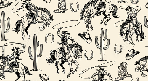 Seamless vintage Western pattern featuring cowboys on horses, lassos, hats, horseshoes, and cacti in a hand-drawn style.