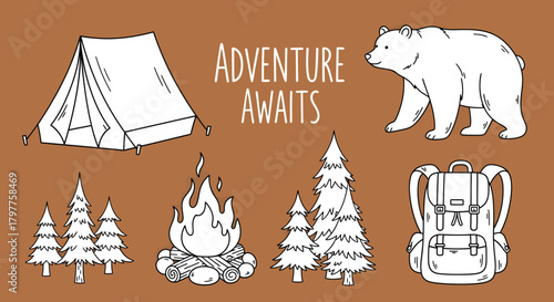 An illustration featuring a tent, bear, campfire, backpack, and trees, with the words 'Adventure Awaits'.
