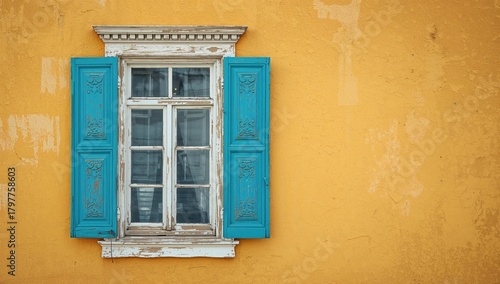 Vintage window with blue shutters set against a yellow wall, ideal for editorial header background
