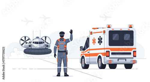 Medical evacuation concept with hovercraft ambulance and first responder illustration