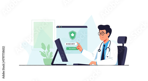 Medical Professional Accessing Secure Healthcare System with Password Protection Online