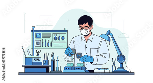 Microelectronics engineer assembling components in sterile environment for semiconductor research