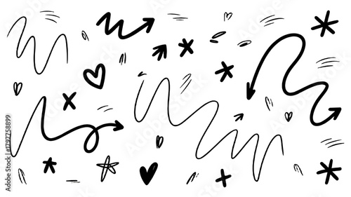 A collection of doodle elements in simple lines with arrows, hearts, and stars.