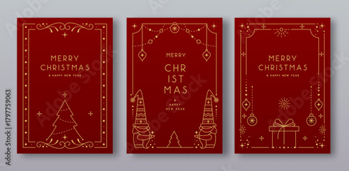 Set of modern Christmas frames or holiday greeting cards on red background. Line art vector illustration
