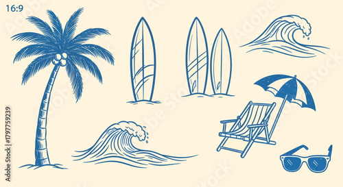 Illustration featuring a palm tree, surfboards, waves, beach chair, umbrella, and sunglasses.