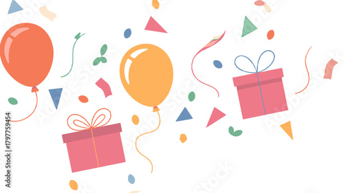 A colorful birthday scene with floating balloons, confetti, and presents.