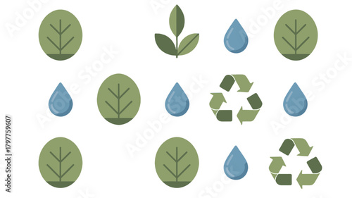 Abstract illustration featuring leaves, water droplets and recycling symbol.