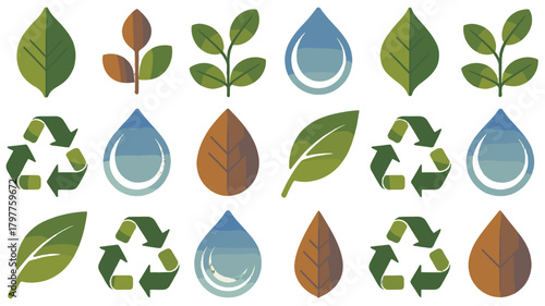 Eco-friendly icons with leaves, water drops and recycle symbol, for green environment.