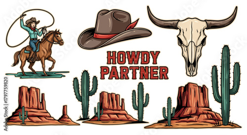 A collection of Western-themed vector illustrations including a cowgirl, cowboy hat, bull skull, and desert landscapes.