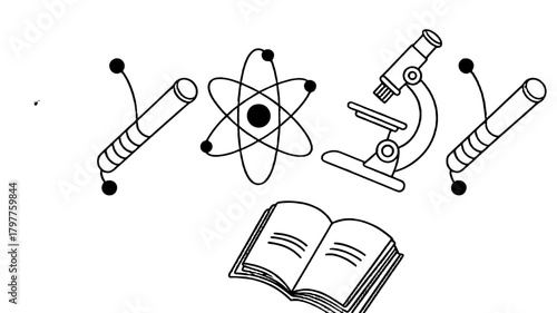 Illustration of scientific icons and an open book.