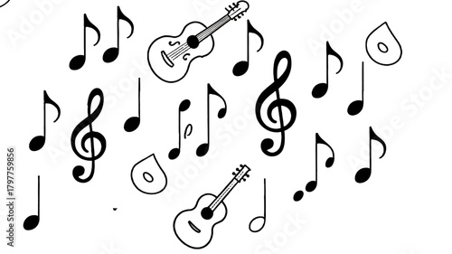 Musical notes and guitar.