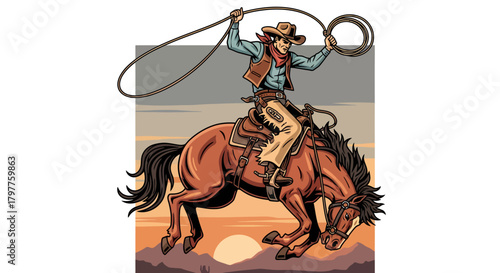 A cowboy on a bucking horse with a lasso in a western landscape at sunset.