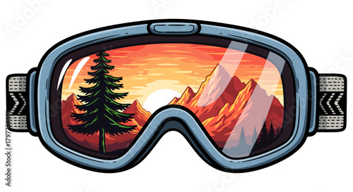 Illustration of ski goggles reflecting a vibrant mountain sunset with a pine tree.