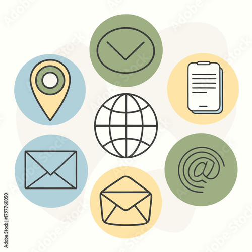 Communication Icons Arranged in a Circle Around a Globe Keywords: communication, contact, icons