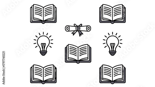 A collection of educational symbols, with books, light bulbs, and a diploma, promoting knowledge and learning.