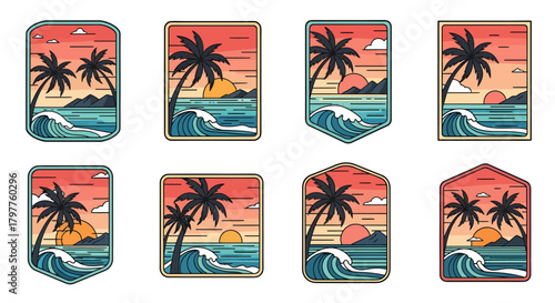 A collection of eight retro-style tropical beach badges featuring palm trees, ocean waves, and a sunset, each with a unique geometric shape.