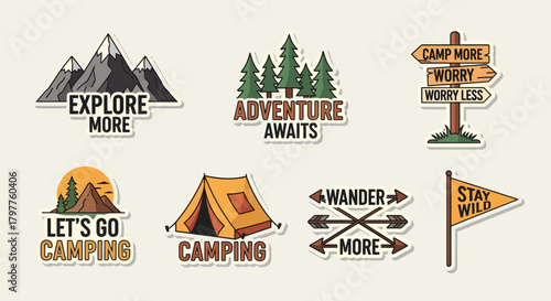 A collection of outdoor adventure and camping themed stickers featuring mountains, trees, tents, and motivational phrases.