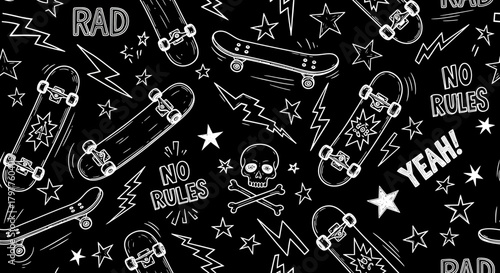A dynamic black and white doodle pattern featuring skateboards, lightning bolts, stars, skulls, and text like "RAD" and "YEAH!".