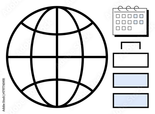 Globe representing worldwide connections, calendar for scheduling, flowchart emphasizing organization and planning. Ideal for global communication, project management, time management, workflow