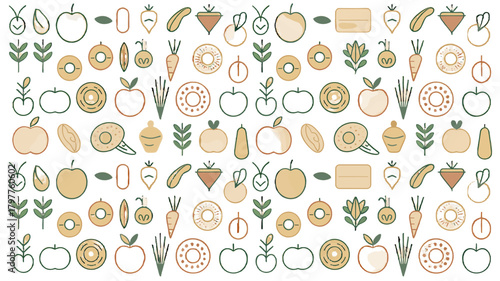 Array of various fruits and vegetables creating an appealing pattern.