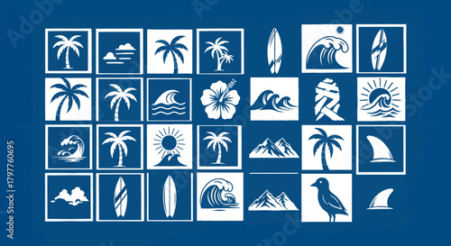 A collection of white surf and beach themed icons on a blue background.