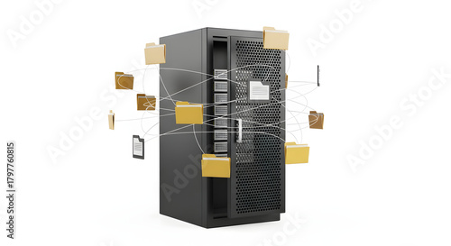 Modern server cabinet with documents exchanging information