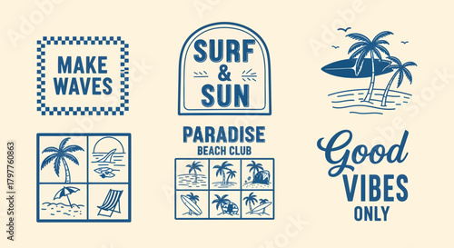 Collection of vintage-style beach and surf-themed graphic designs with palm trees and typography.