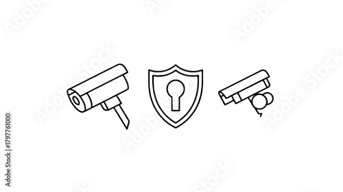 Security camera icons and a shield with keyhole symbol, representing safety and protection.