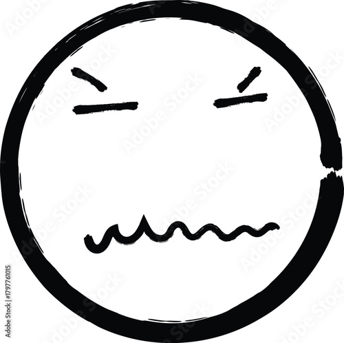 Hand drawn black and white cartoon face showing frustration and anger with furrowed brows and a wavy mouth