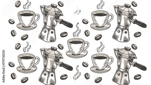 Coffee cups and makers illustration with coffee beans.