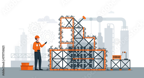 Robotic factory construction illustration showcasing automated industrial build process with