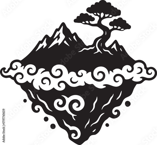 Isolated a kind of floating island with bonsai tree and mountain vector silhouette for fantasy levitation nature serenity and imaginative sky realms