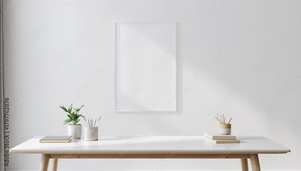Fototapeta premium Mockup frame placed on a work table in a living room setting with a blank white wall backdrop, ideal for design layout