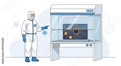 Scientist in cleanroom suit pointing at microchip inside laboratory equipment for research and