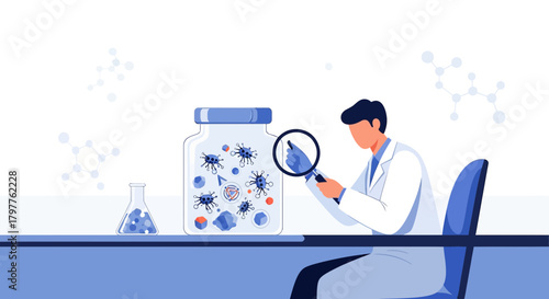 Scientist meticulously analyzing virus samples with magnifier in research laboratory environment